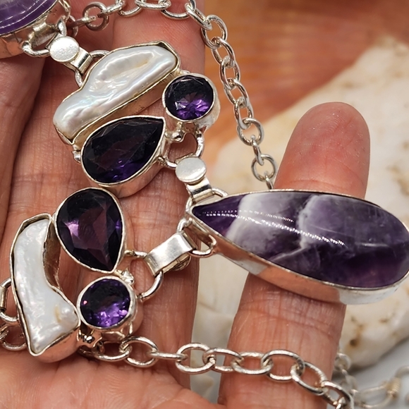 Silver 925 Long Necklace Pendant Pearl  Amethyst Stones - Picture 3 of 10